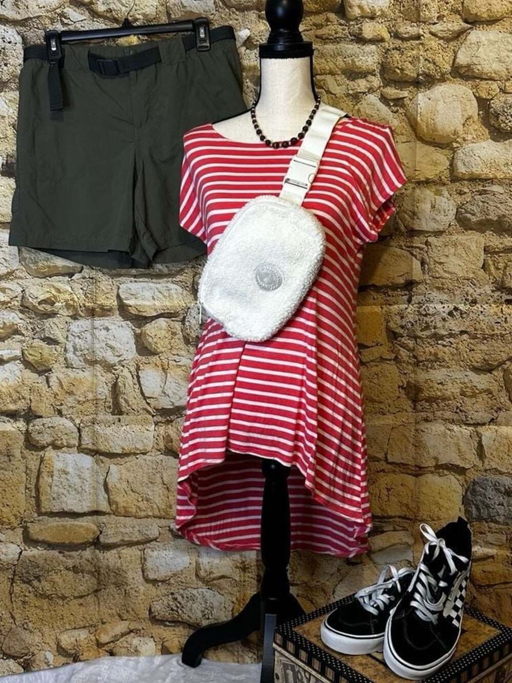Azules Women's Red and White Striped Short Sleeve High-Low T-Shirt Dress